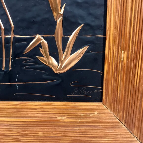 Vintage Flamingos Picture Copper relief and Wood framed 50s 60s MCM - Picture 5 of 8